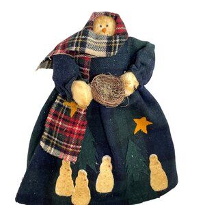 Vintage Handcrafted Snowman Doll with Plaid Scarf & Nest Decor